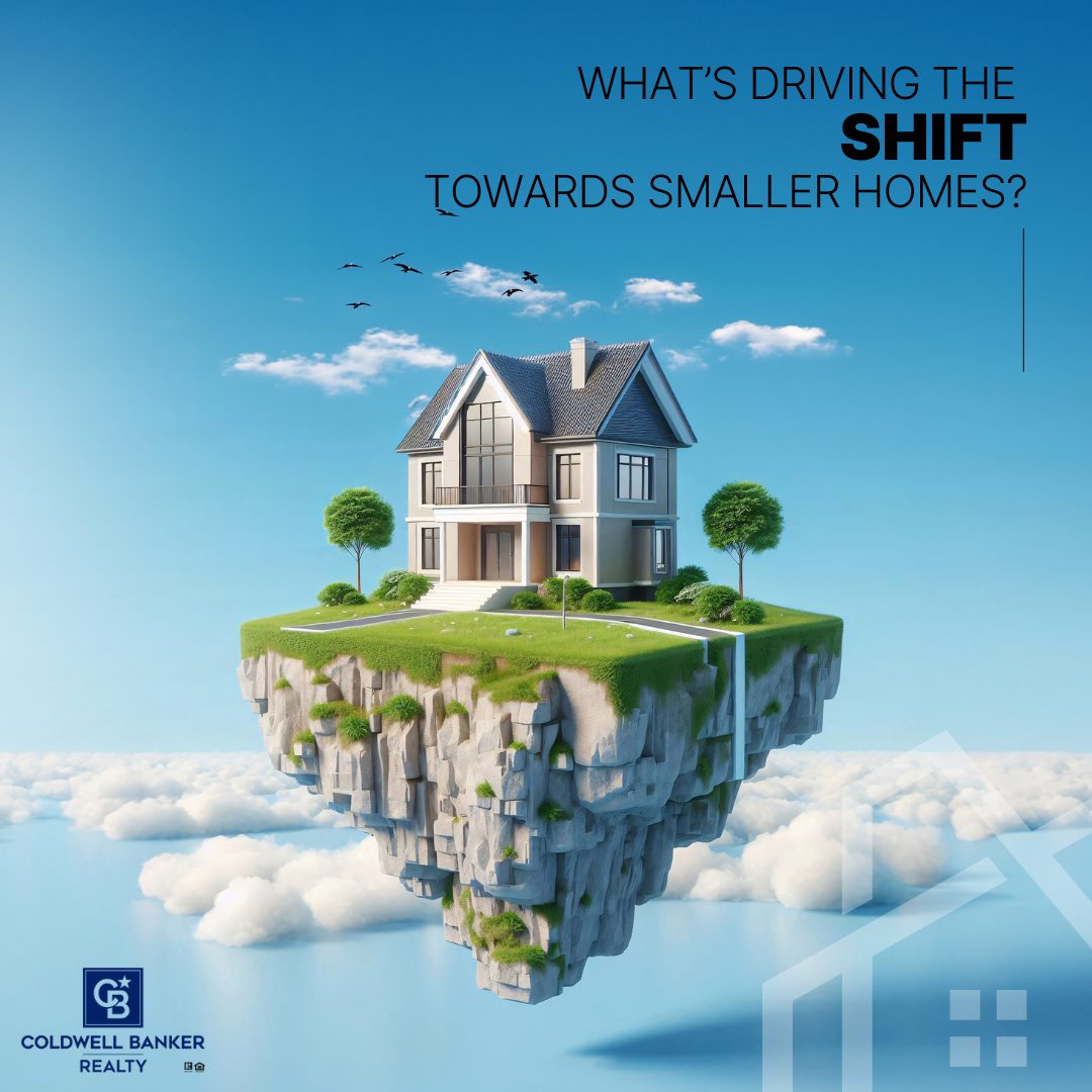 Modern small home floating on a grassy island in the sky with bright blue background, symbolizing the shift towards smaller homes in real estate.”
