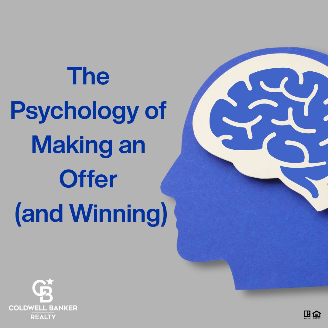 Blue paper silhouette of a human head with a stylized white-and-blue brain graphic inside, with text reading “The Psychology of Making an Offer (and Winning)” and Coldwell Banker Realty branding.