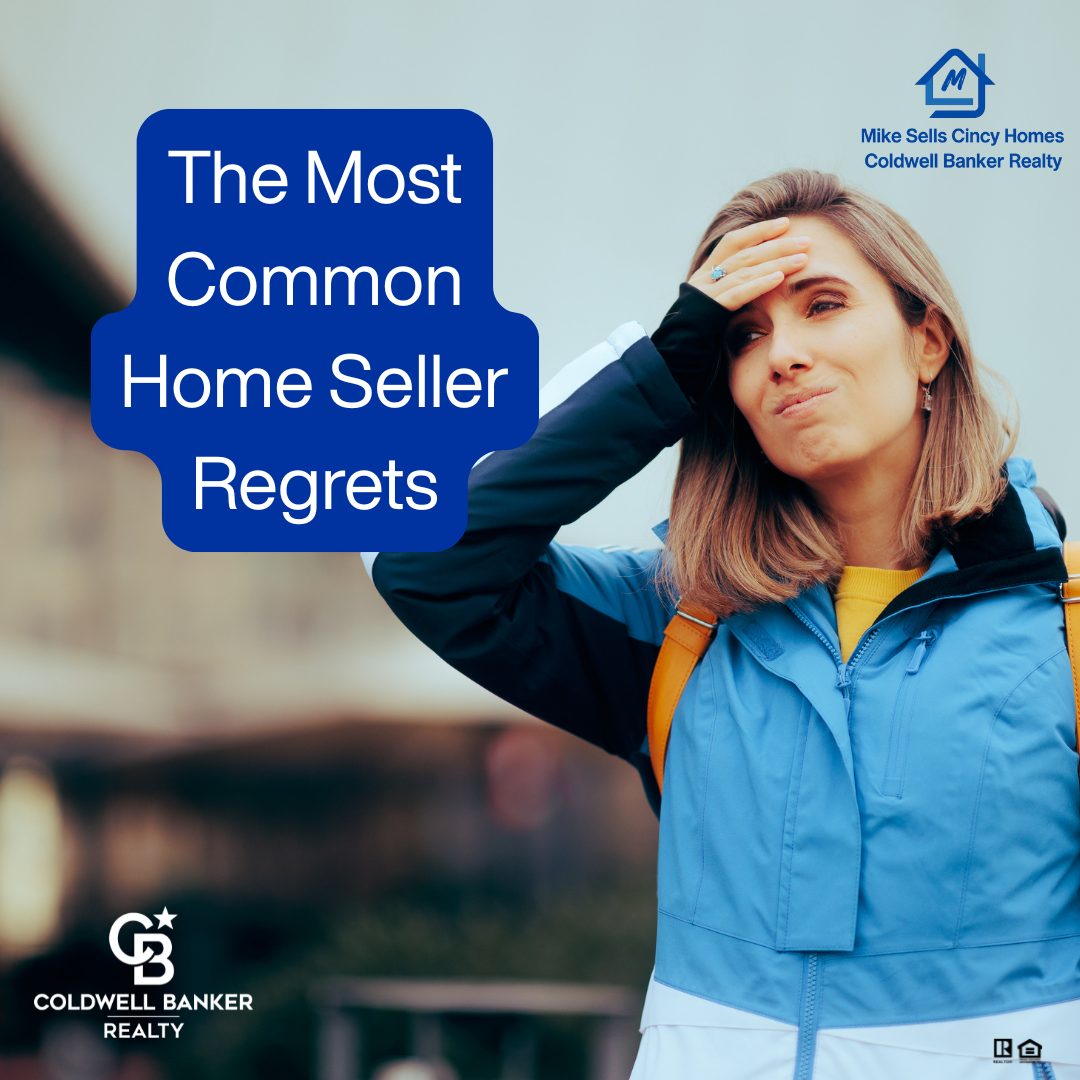 Person holding their forehead in frustration outdoors, alongside text about common home-seller regrets.