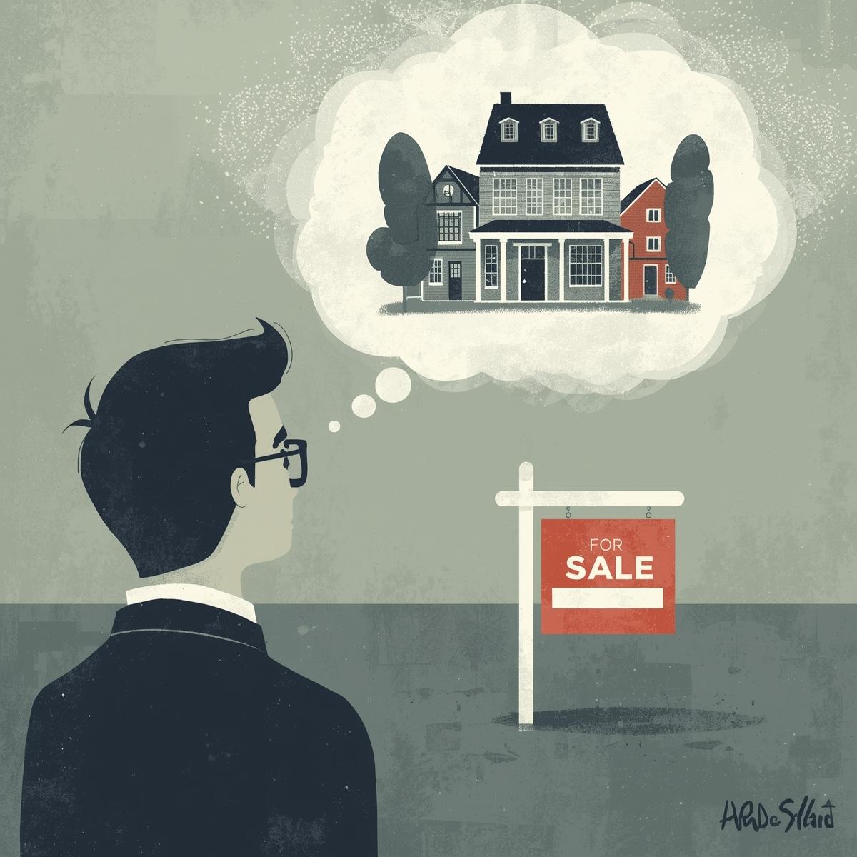 Illustration of a person looking at a real estate “For Sale” sign while imagining a dream home in a thought bubble.