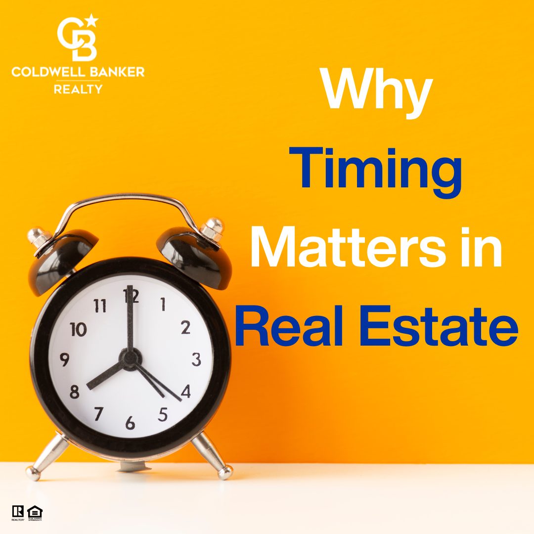Black analog alarm clock in front of a bright orange background with Coldwell Banker Realty branding and the text “Why Timing Matters in Real Estate