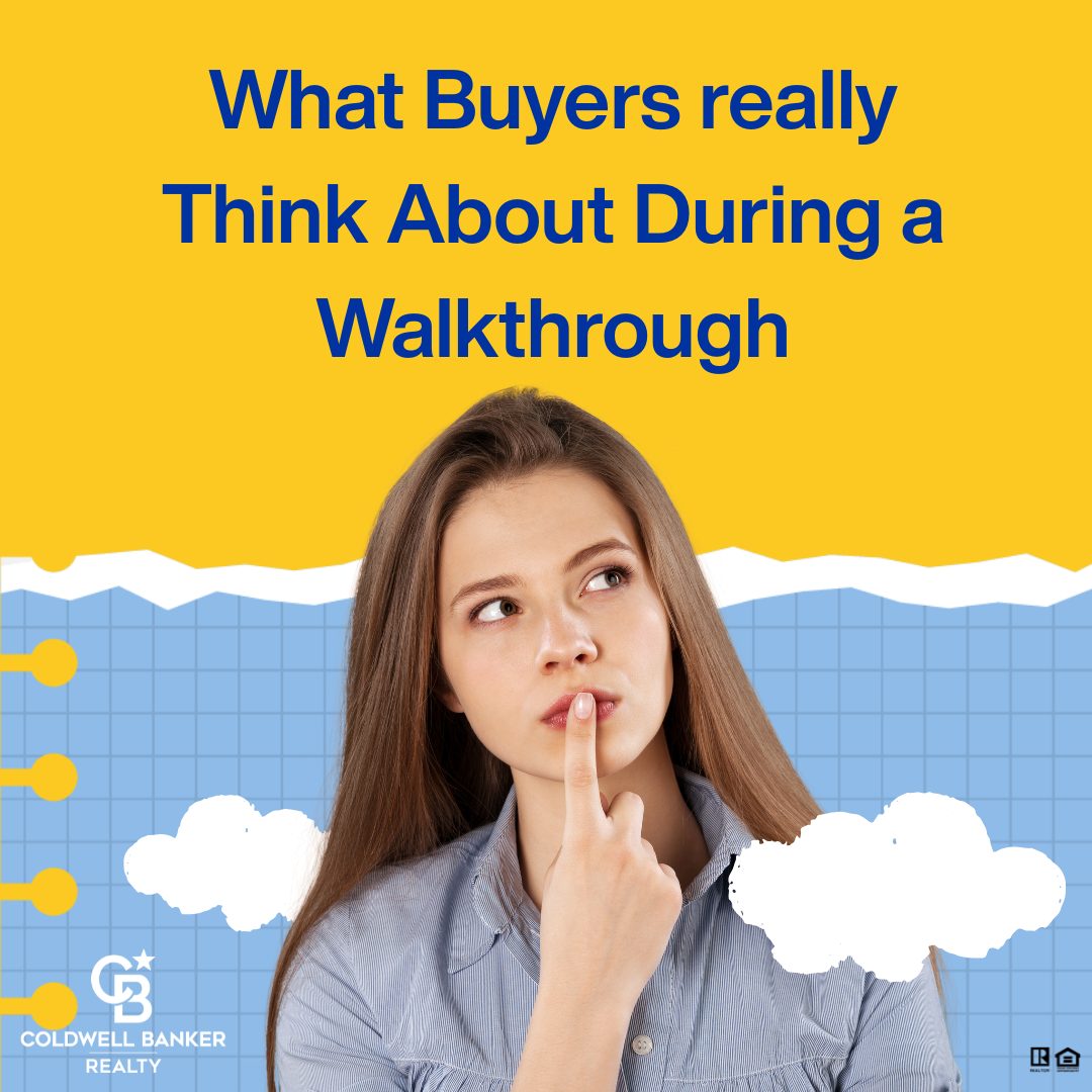 Thinking homebuyer looking upward with a thoughtful expression, used in a graphic titled ‘What Buyers Really Think About During a Walkthrough,’ branded with Coldwell Banker Realty logos