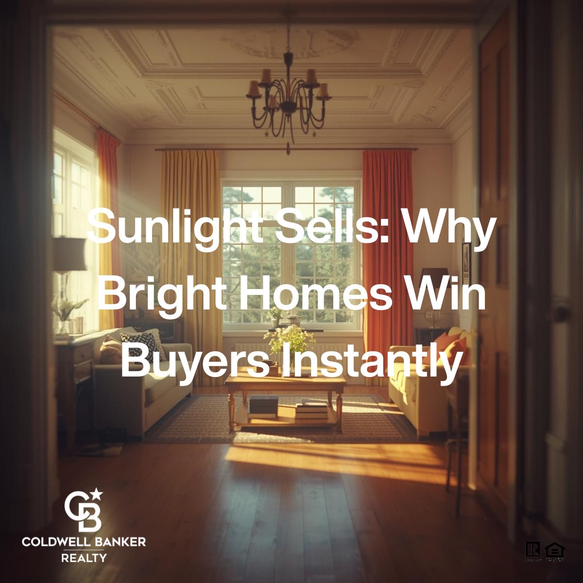 Sun-filled living room with large windows, warm hardwood floors, and natural light streaming in, highlighting why bright homes attract buyers faster.