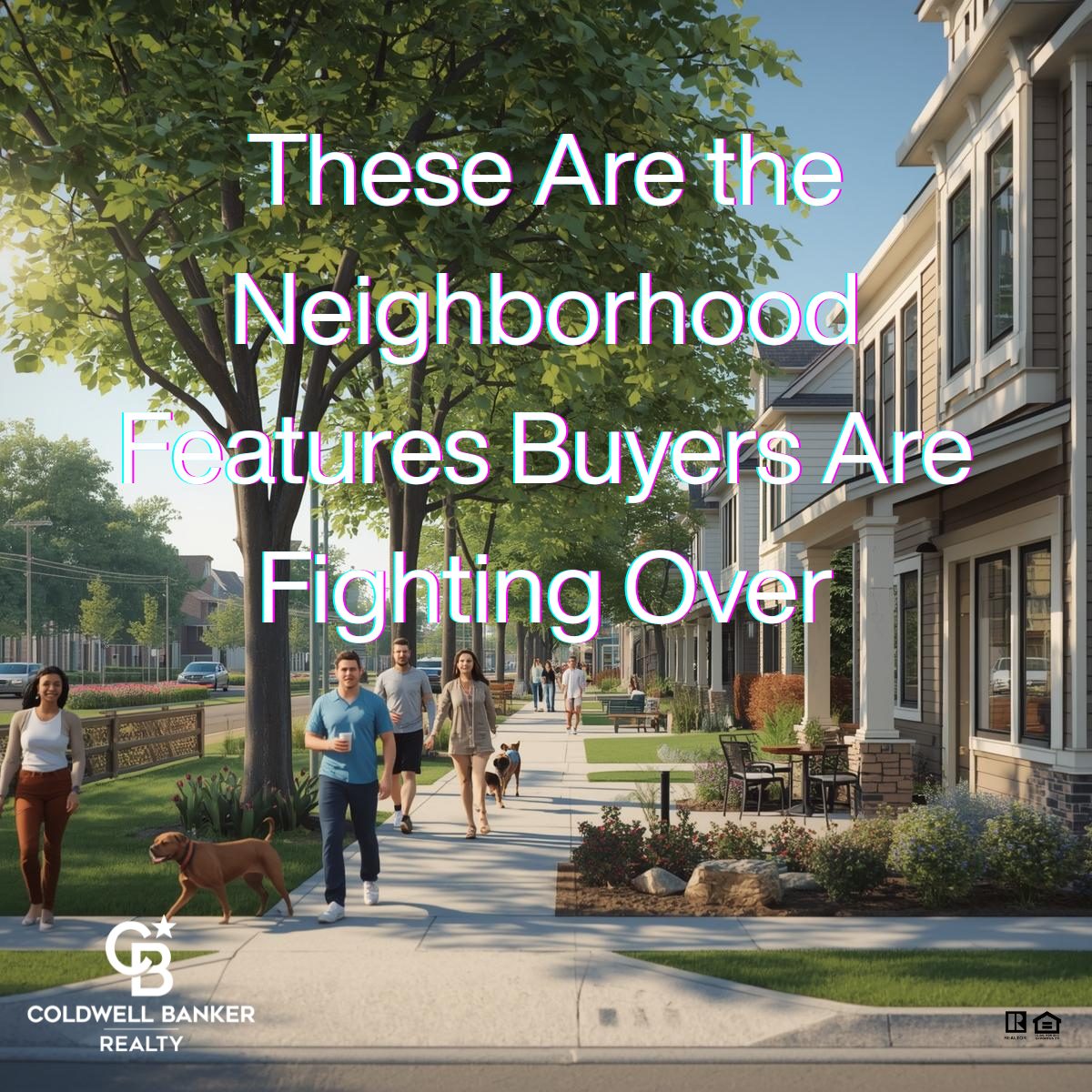 Walkable suburban neighborhood with tree-lined sidewalks, modern homes, residents walking dogs, and people enjoying a vibrant community lifestyle.