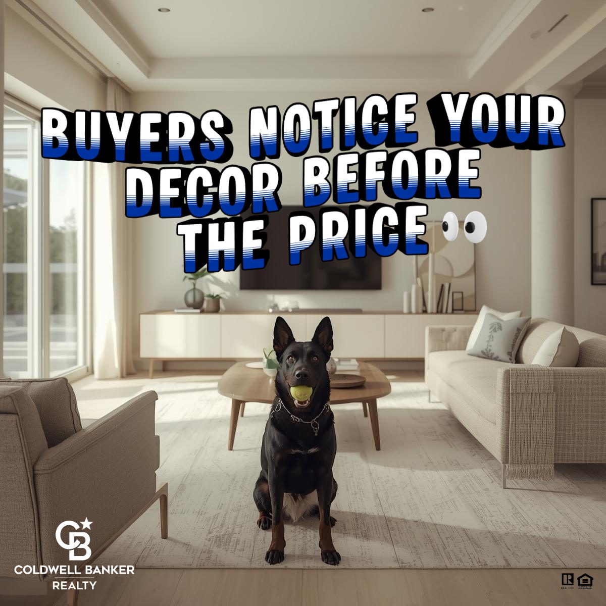 Modern staged living room with neutral décor, light wood floors, and a black dog holding a tennis ball sitting centered in the room. Bold overlay text reads, “Buyers notice your décor before the price.”