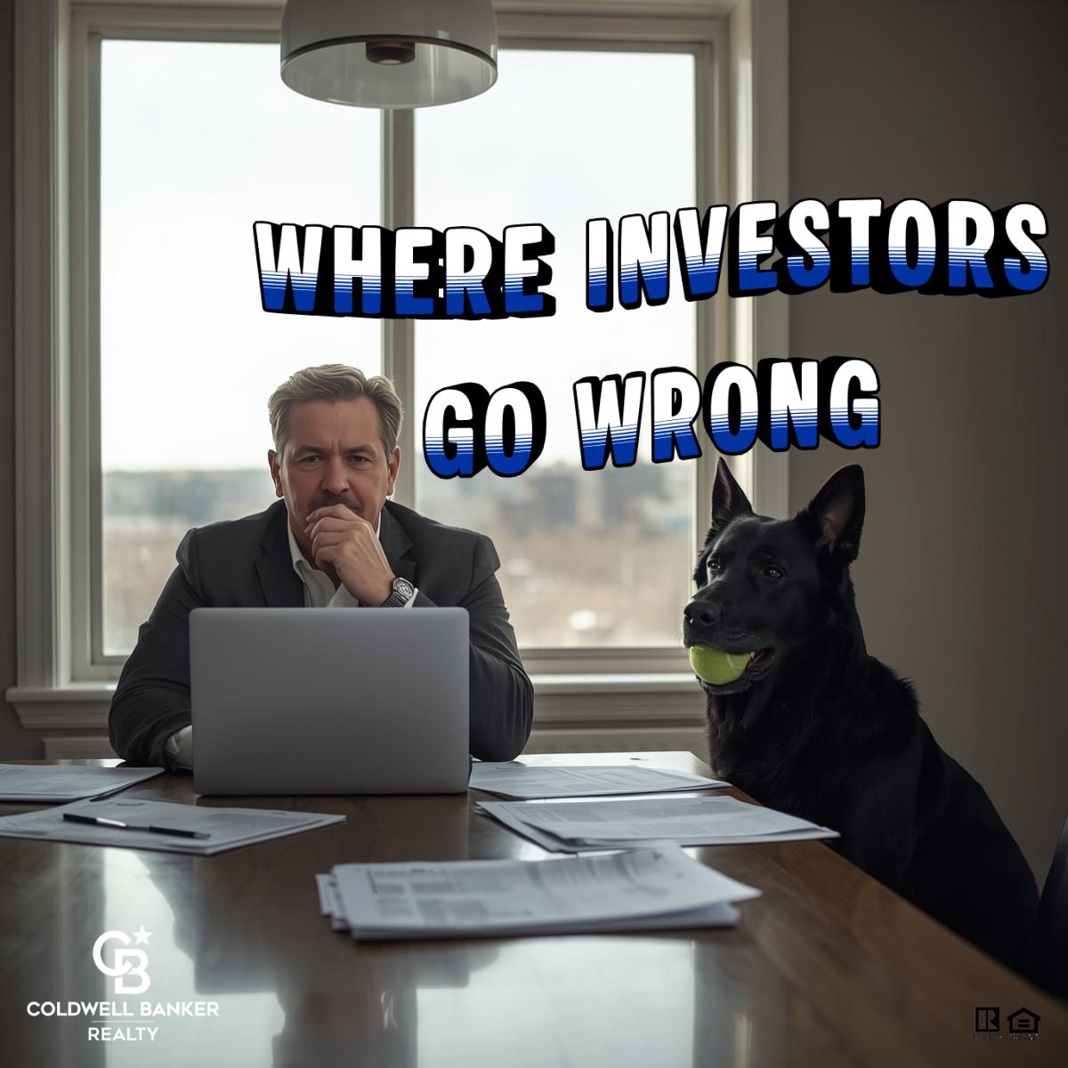 Real estate investor sitting at a table reviewing paperwork on a laptop with a dog beside him, illustrating common real estate investor mistakes.