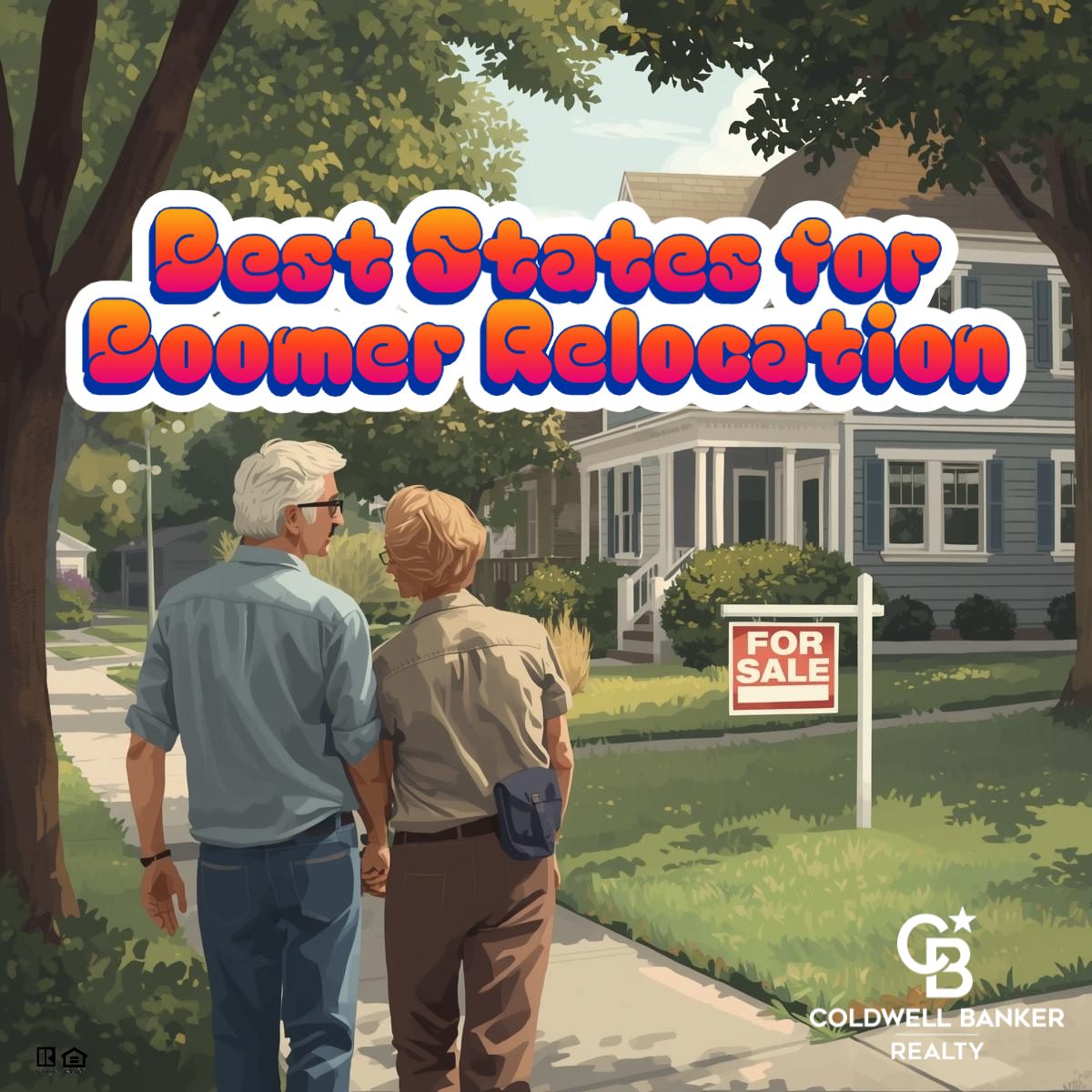 Illustration of a Baby Boomer couple walking past a home for sale, symbolizing downsizing and relocation to a new state in retirement.