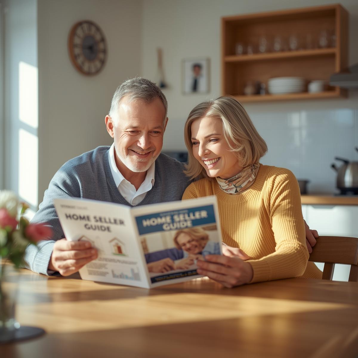 Middle-aged couple sitting at a kitchen table reviewing a home seller guide together, planning to sell their home with confidence.