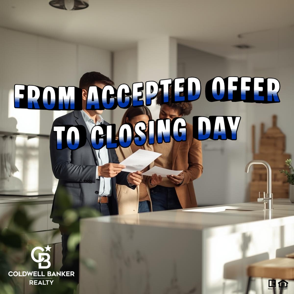 Home buyers reviewing paperwork with their REALTOR® after an offer is accepted, preparing for inspections, financing, and closing day.