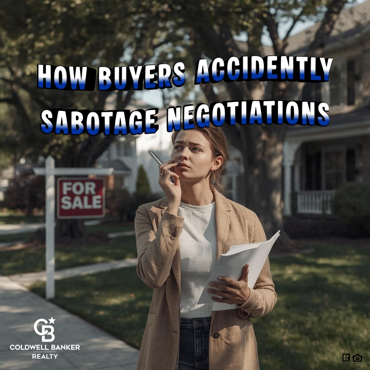 Homebuyer standing outside a house for sale, reviewing paperwork and thinking through negotiation decisions during the home buying process.