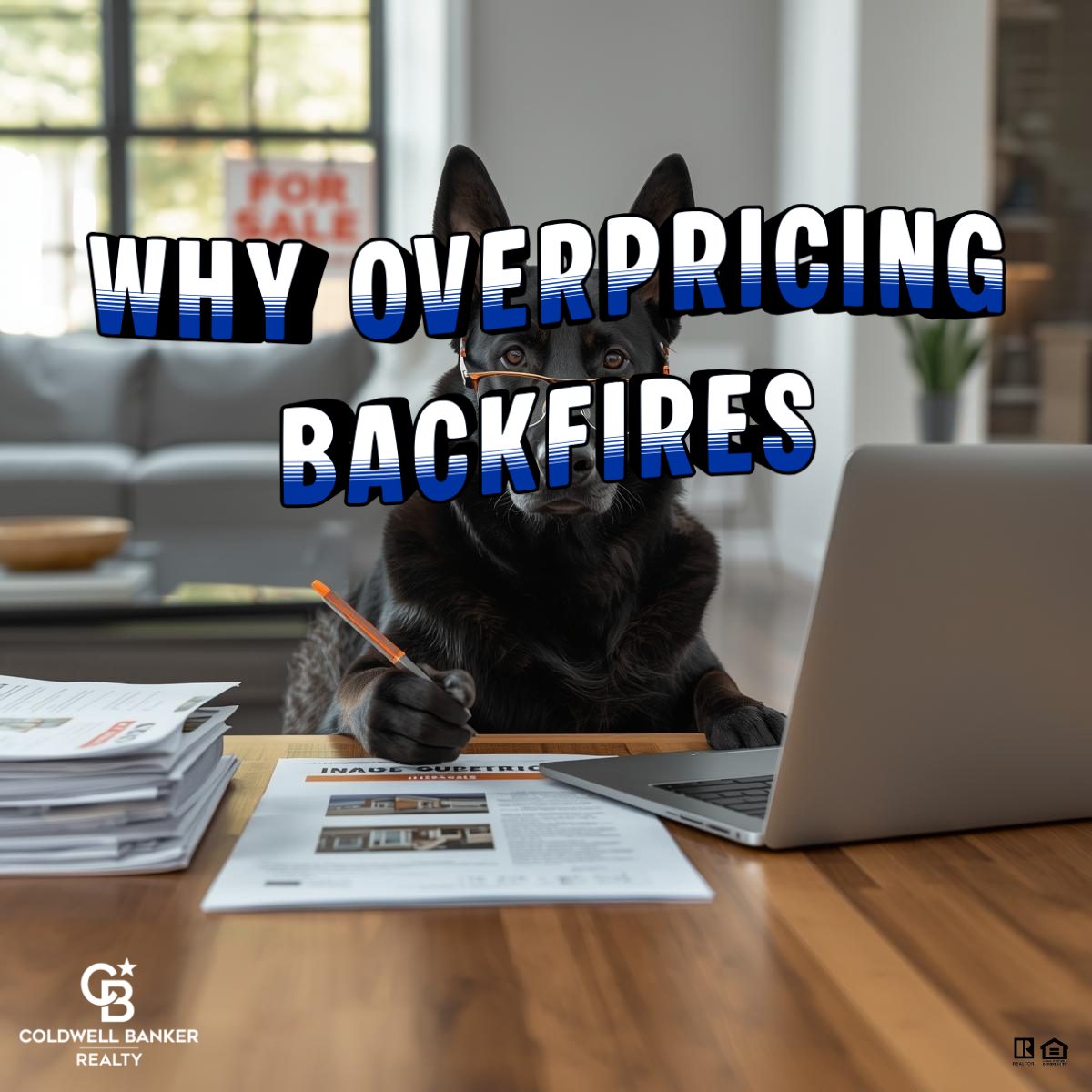All-black German Shepherd wearing reading glasses sits at a kitchen table reviewing real estate paperwork, circling an overpriced home listing on a laptop with a red pen in a modern living room setting.