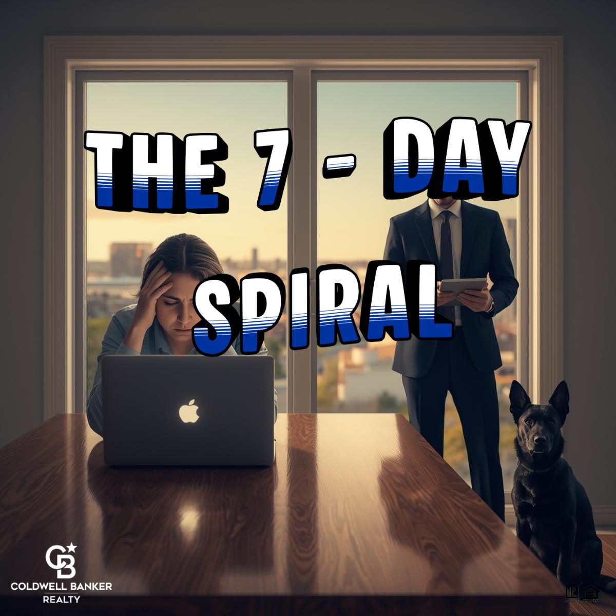 Homeowner sitting at a kitchen table looking stressed at a laptop showing zero offers after week one on the market, while a confident REALTOR reviews housing market data nearby with a calm black German Shepherd beside him.