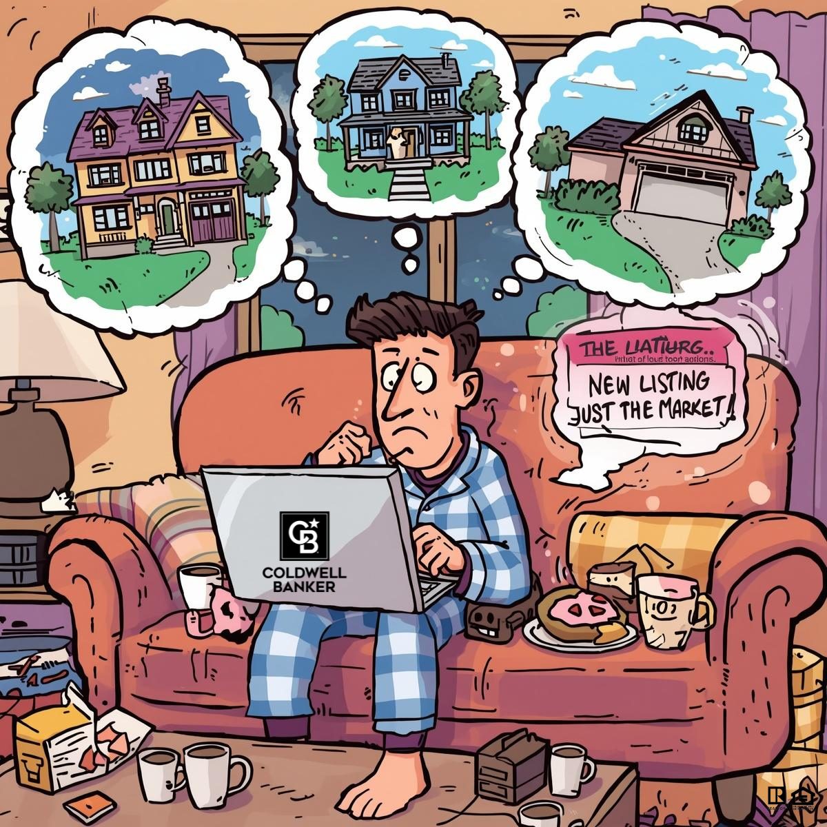 Person in pajamas late at night browsing homes online while imagining dream houses above their laptop, illustrating how casual home searching can turn into serious house hunting.