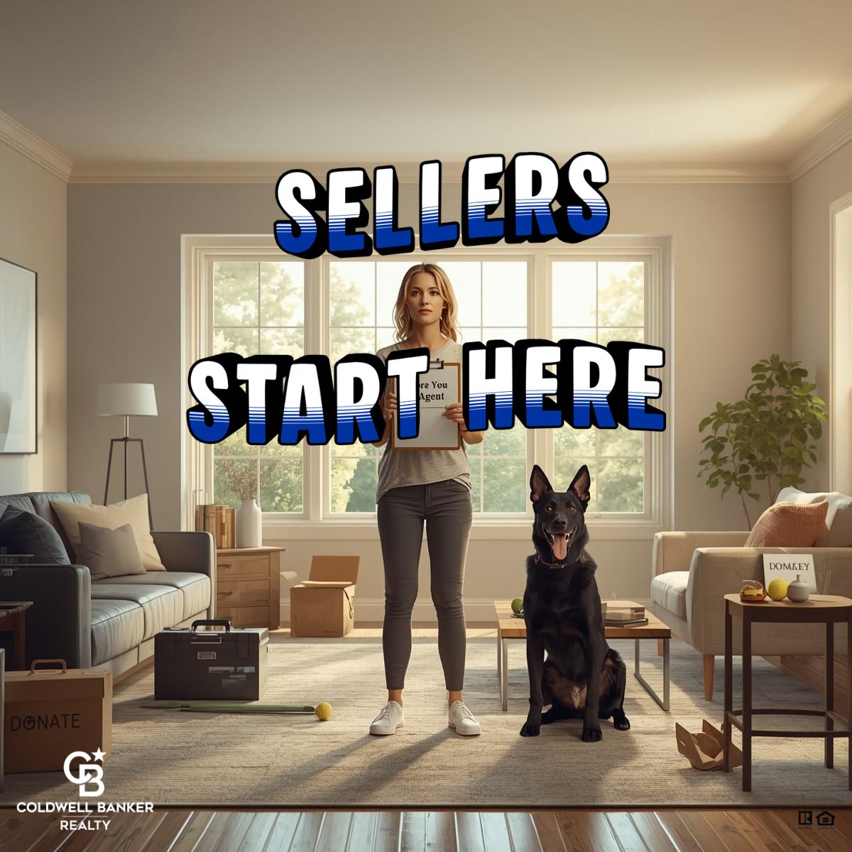 Home seller preparing to list their house, standing in a clean living room with checklist, decluttering boxes, and small repair tools, while a black German Shepherd sits nearby—illustrating steps to take before calling a real estate agent in Cincinnati.