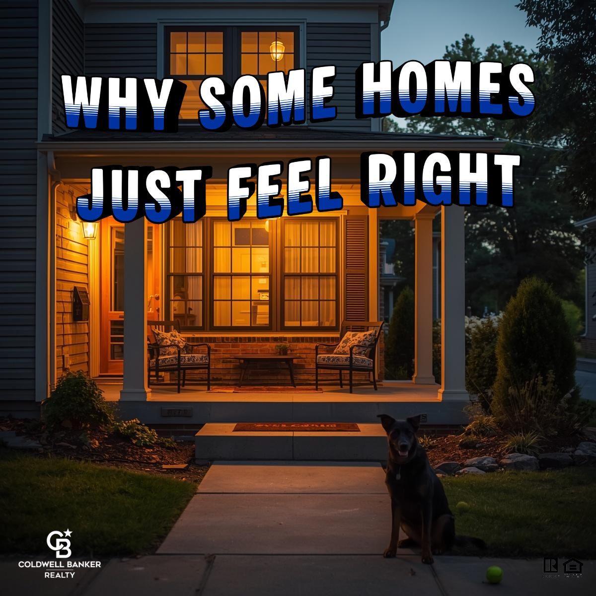 Warm and inviting suburban Cincinnati home at sunset with a welcoming front porch, soft interior lighting, and a black German Shepherd with a tennis ball, representing what makes a house feel like a home.