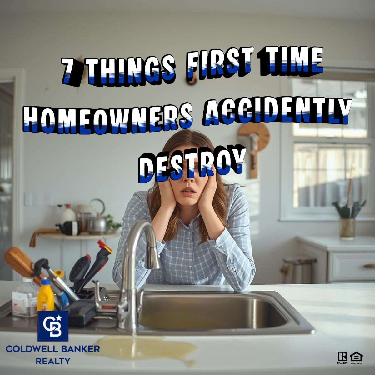 First-time homeowner dealing with a clogged kitchen sink and home maintenance issues, highlighting common mistakes new homeowners make and how to avoid costly repairs