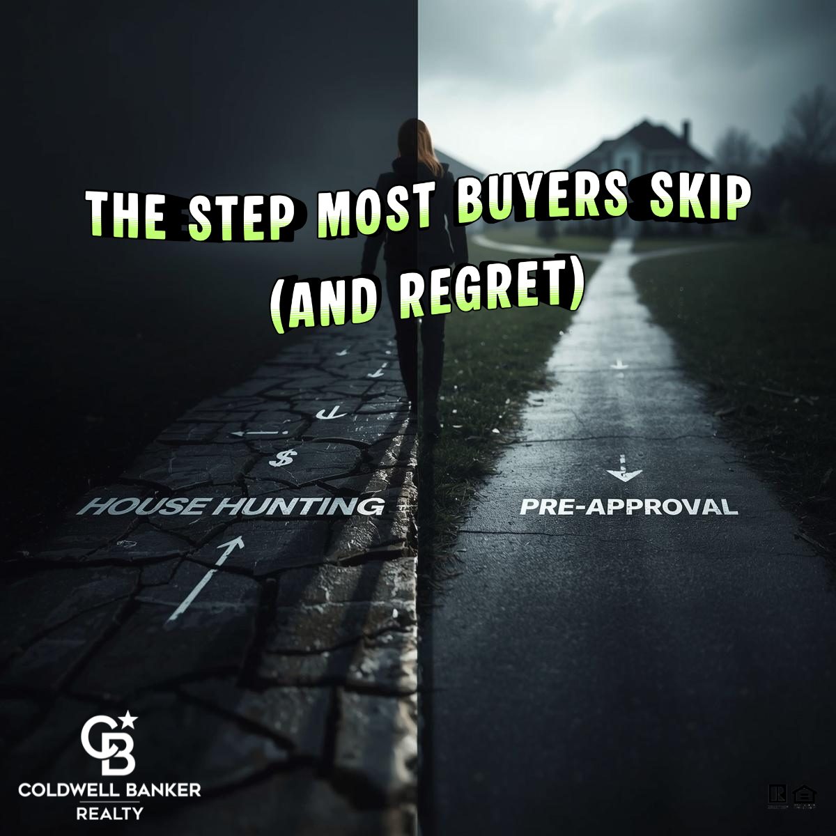 Homebuyer hesitating between two paths, one unstable representing house hunting without pre-approval and one clear path leading to a home after getting pre-approved