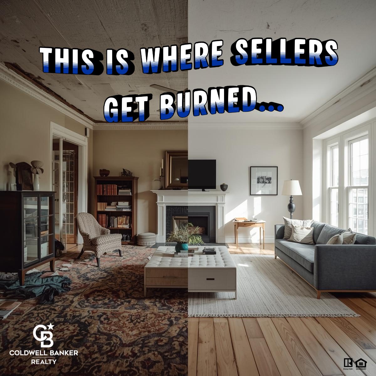 Overwhelmed homeowner standing in a cluttered living room with boxes, cleaning supplies, and unfinished projects while a clock shows time running out.