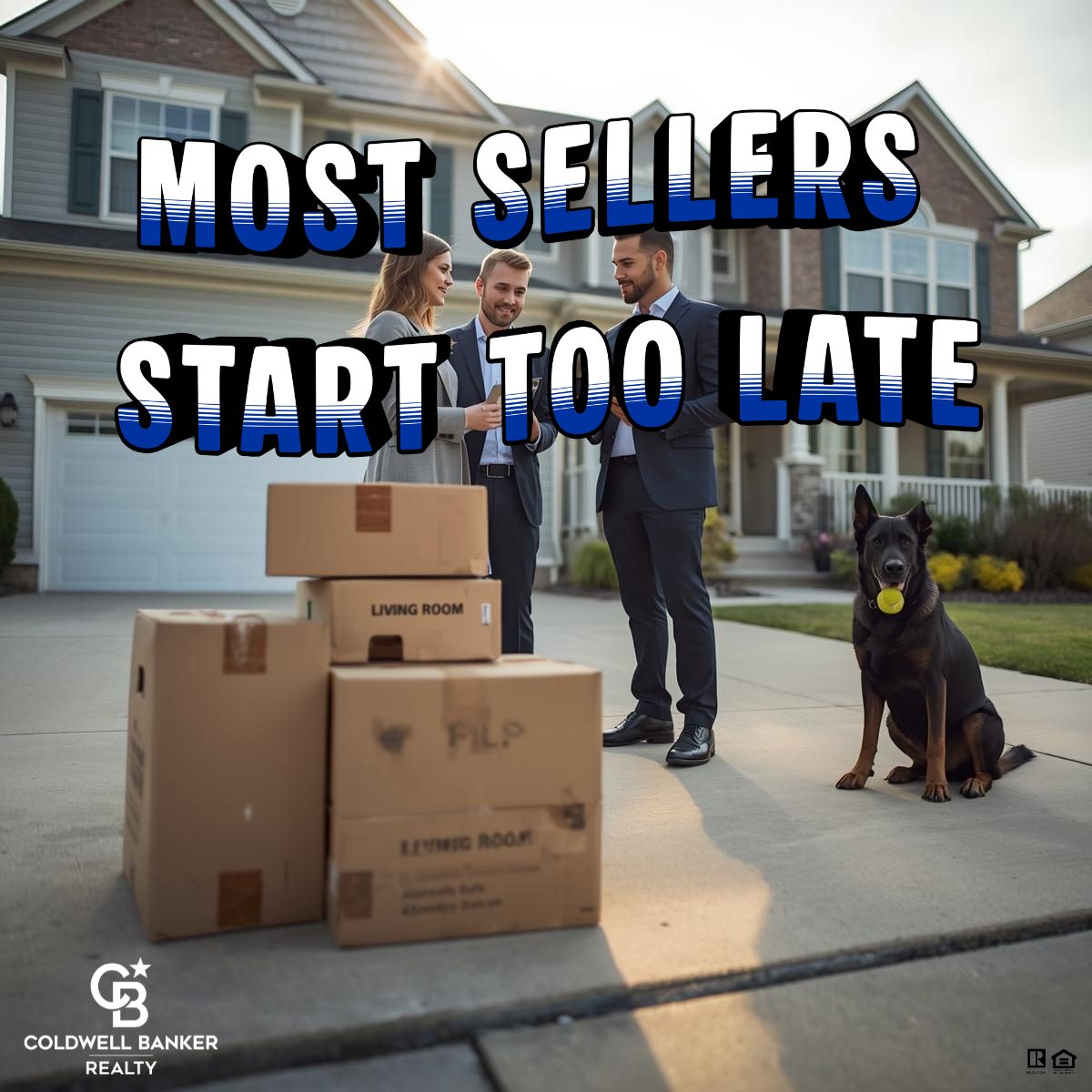 Homeowners reviewing a moving plan with a real estate agent outside a clean suburban Cincinnati home with packed boxes and a black German Shepherd nearby.