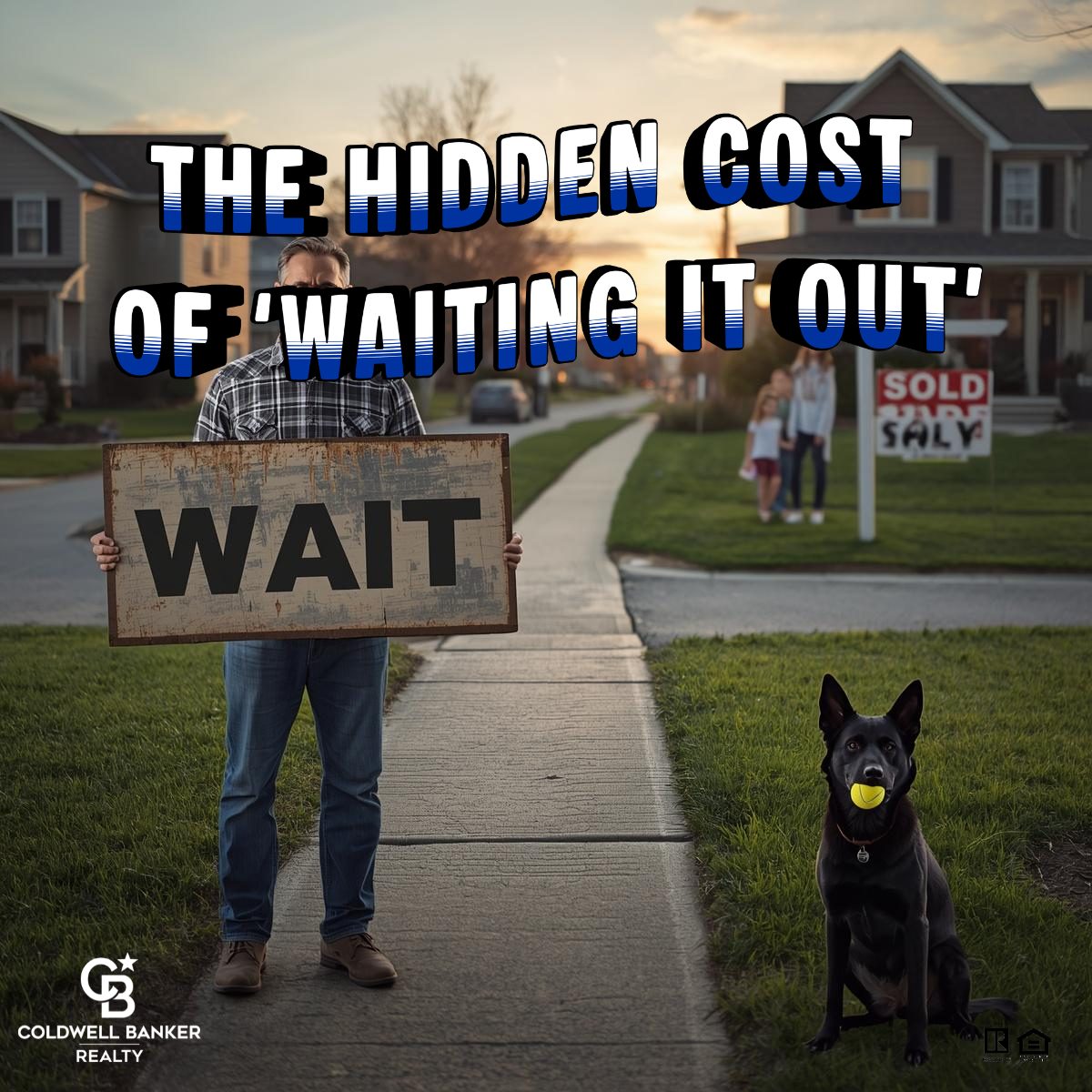 Homeowner standing at a crossroads deciding whether to wait or sell, with a sold home on one side and a price reduction sign on the other, while a black German Shepherd sits confidently beside the sold path in a suburban Cincinnati neighborhood at sunset.