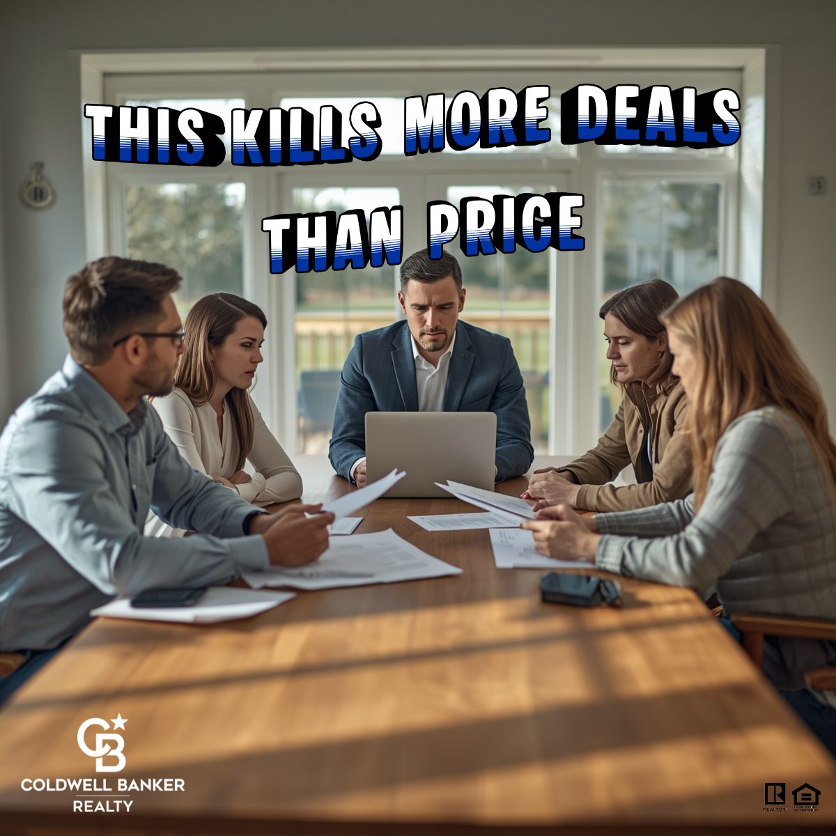 Home seller reviewing a purchase offer at a kitchen table with a REALTOR® explaining negotiation strategy in a bright suburban home