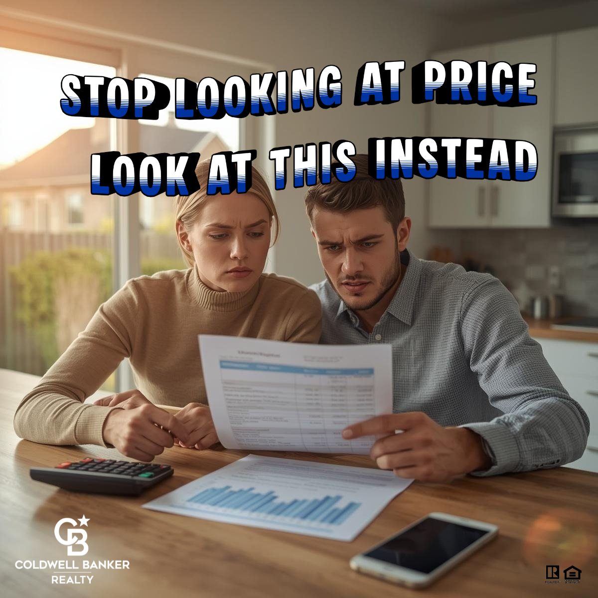 Couple reviewing monthly mortgage payment on laptop at kitchen table with calculator and home buying documents in a bright suburban home
