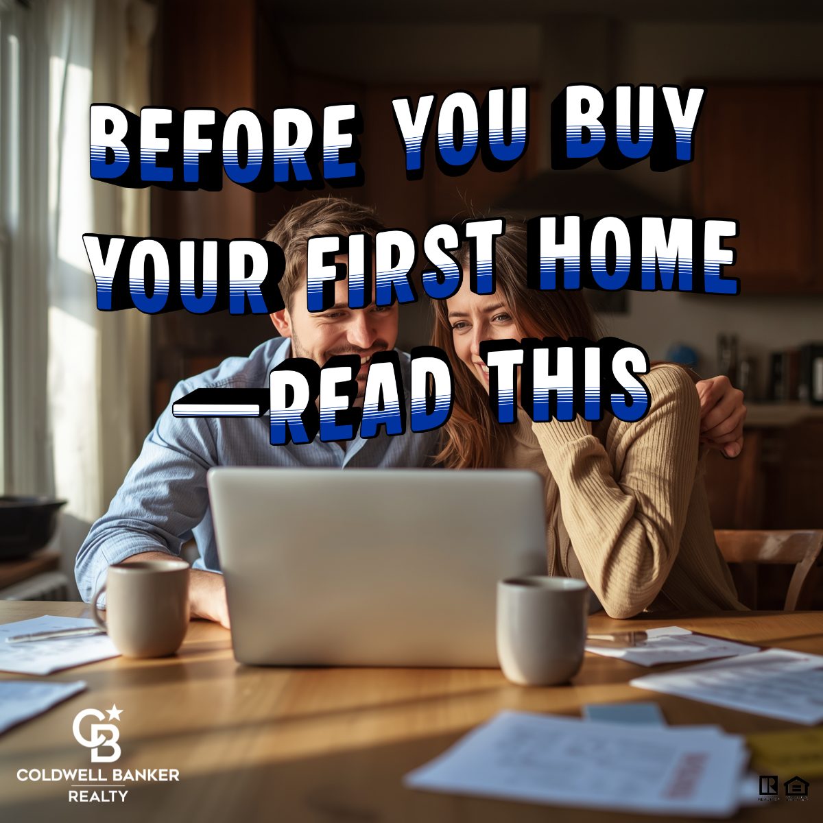 First-time home buyers sitting at a kitchen table reviewing listings on a laptop, showing mixed emotions like excitement and stress during the home buying process in Cincinnati