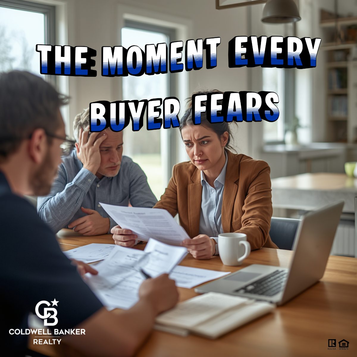 Home buyer and seller reviewing a low appraisal report at a kitchen table with a real estate agent explaining next steps in a modern suburban home