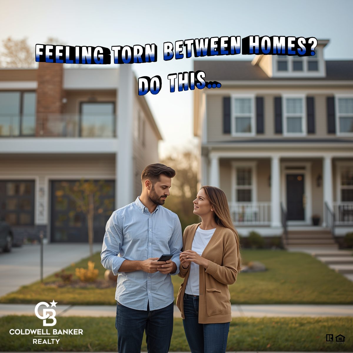 Couple comparing two homes in a suburban neighborhood, deciding which house to buy during the home buying process in Cincinnati real estate market