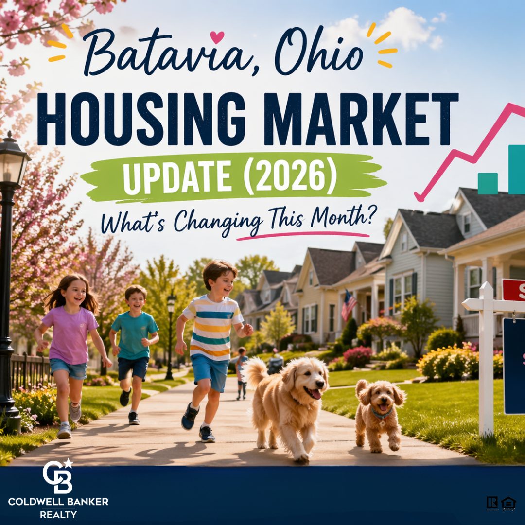 A real estate market update graphic for Batavia, Ohio featuring homes, market trend visuals, and 2026 housing statistics.