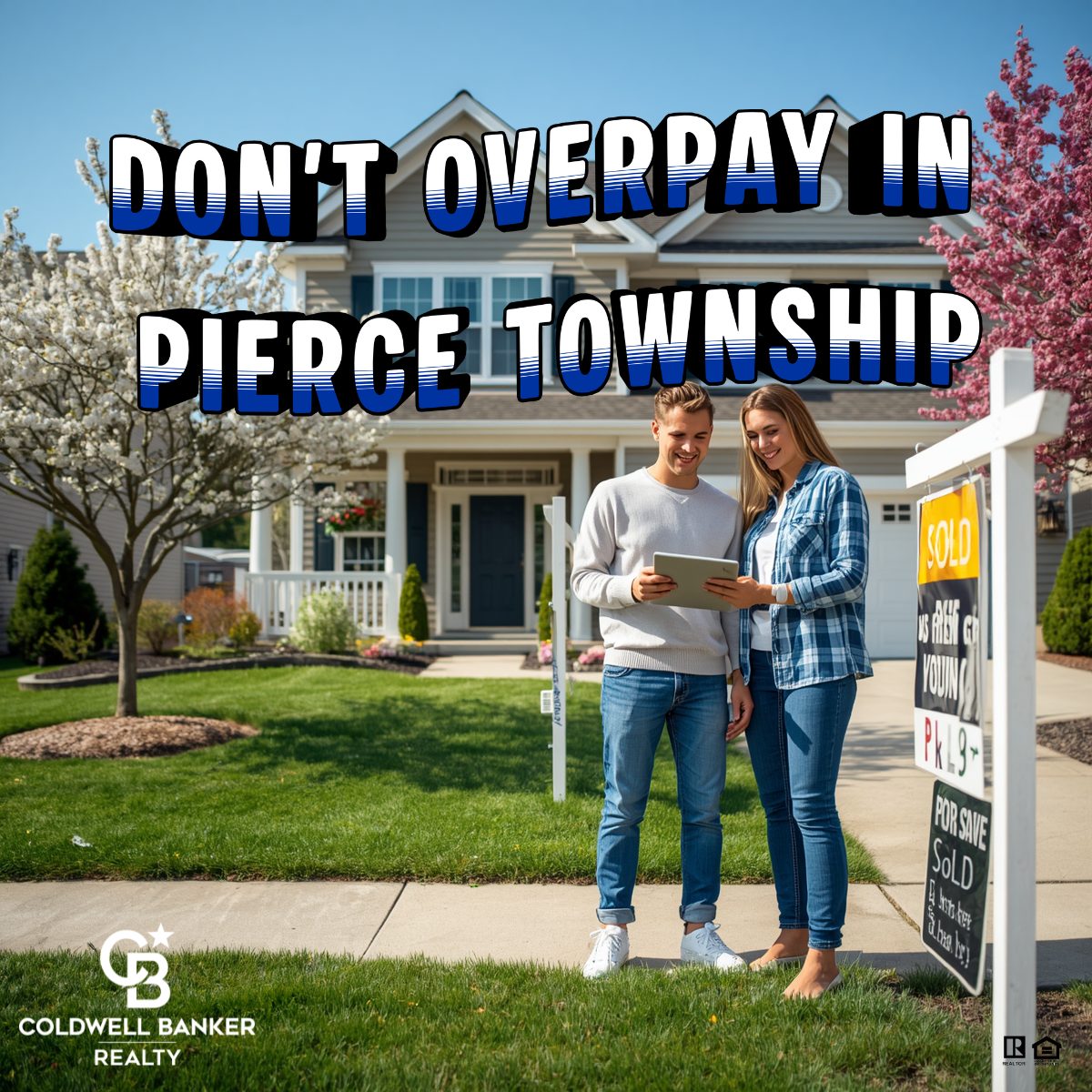 Couple reviewing a home purchase plan in front of a suburban home in Pierce Township, Ohio during spring.