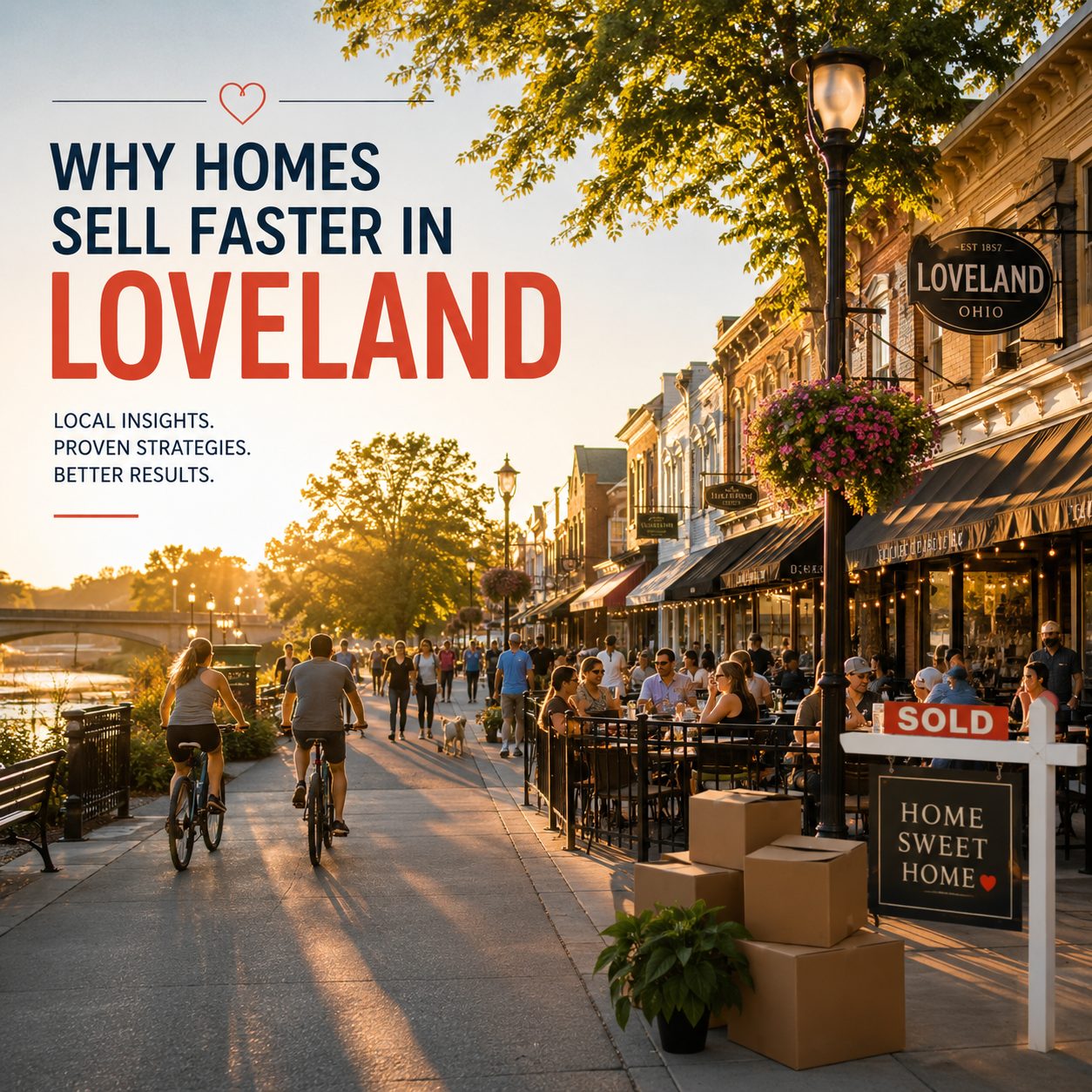 Downtown Loveland Ohio real estate market scene with active buyers, trails, restaurants, and homes selling quickly.
