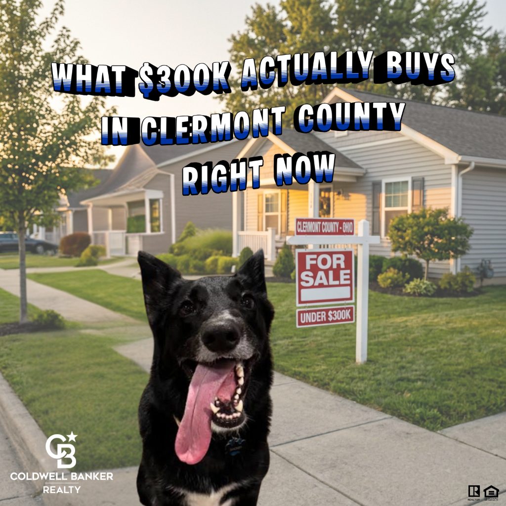 Affordable homes for sale in Clermont County Ohio under $300K with buyer reviewing listings outside suburban home