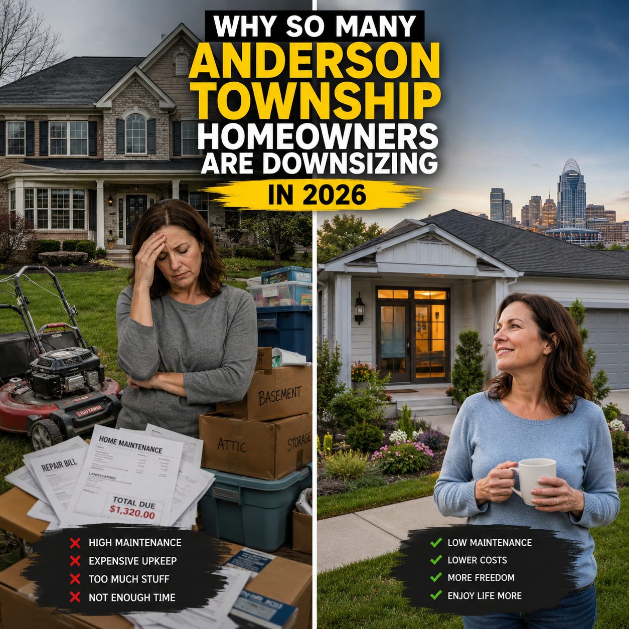 Anderson Township homeowner comparing a large maintenance-heavy home with a smaller low-maintenance home while considering downsizing in 2026.