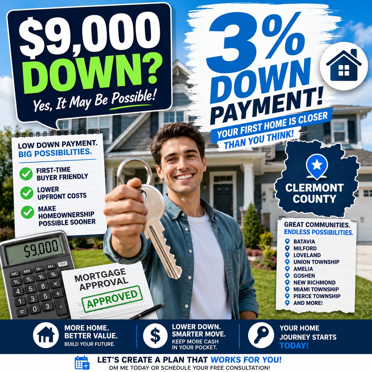 First-time homebuyer learning how to purchase a Clermont County home with a 3 percent down payment mortgage.
