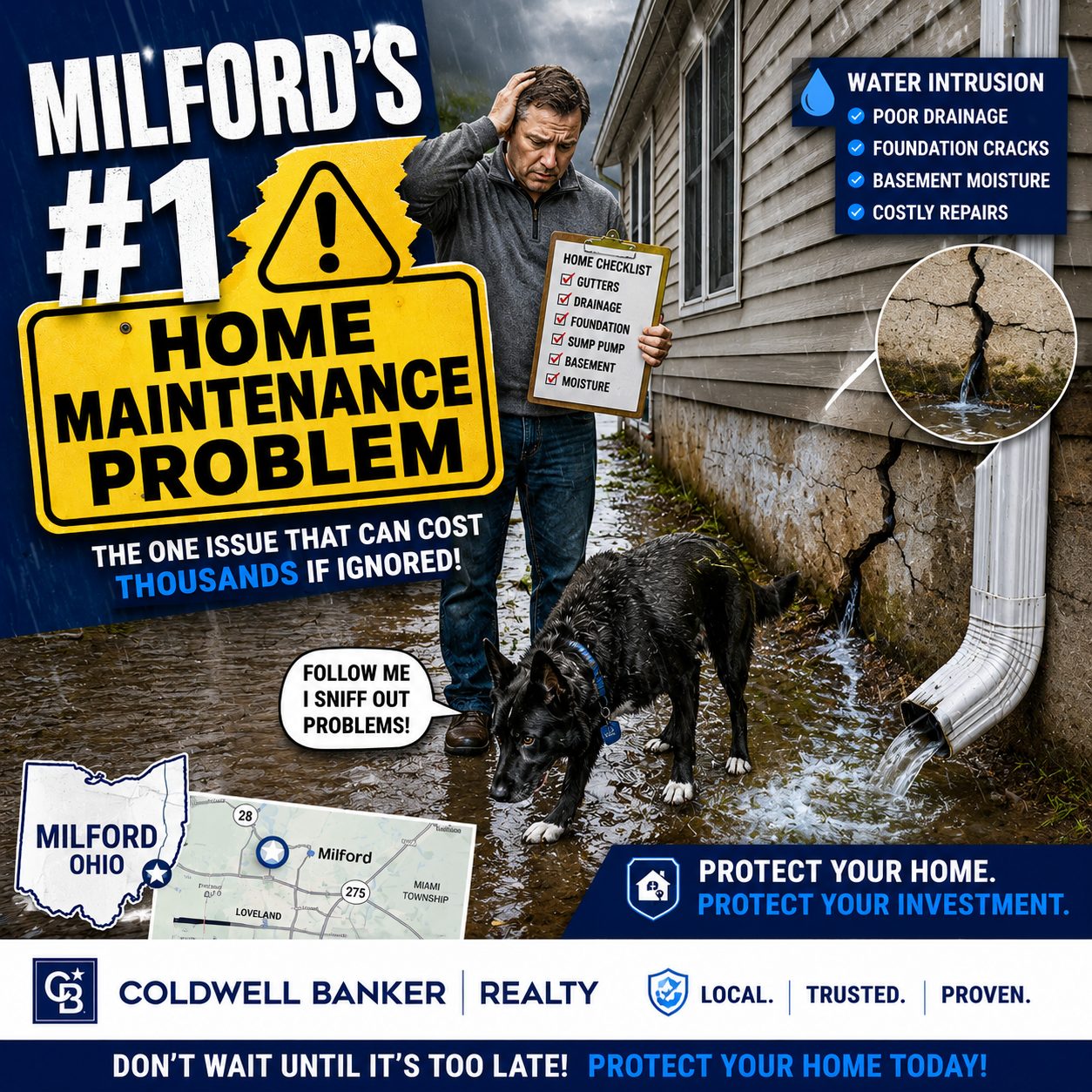 Most common maintenance issue in Milford homes showing water drainage problems around a home's foundation.