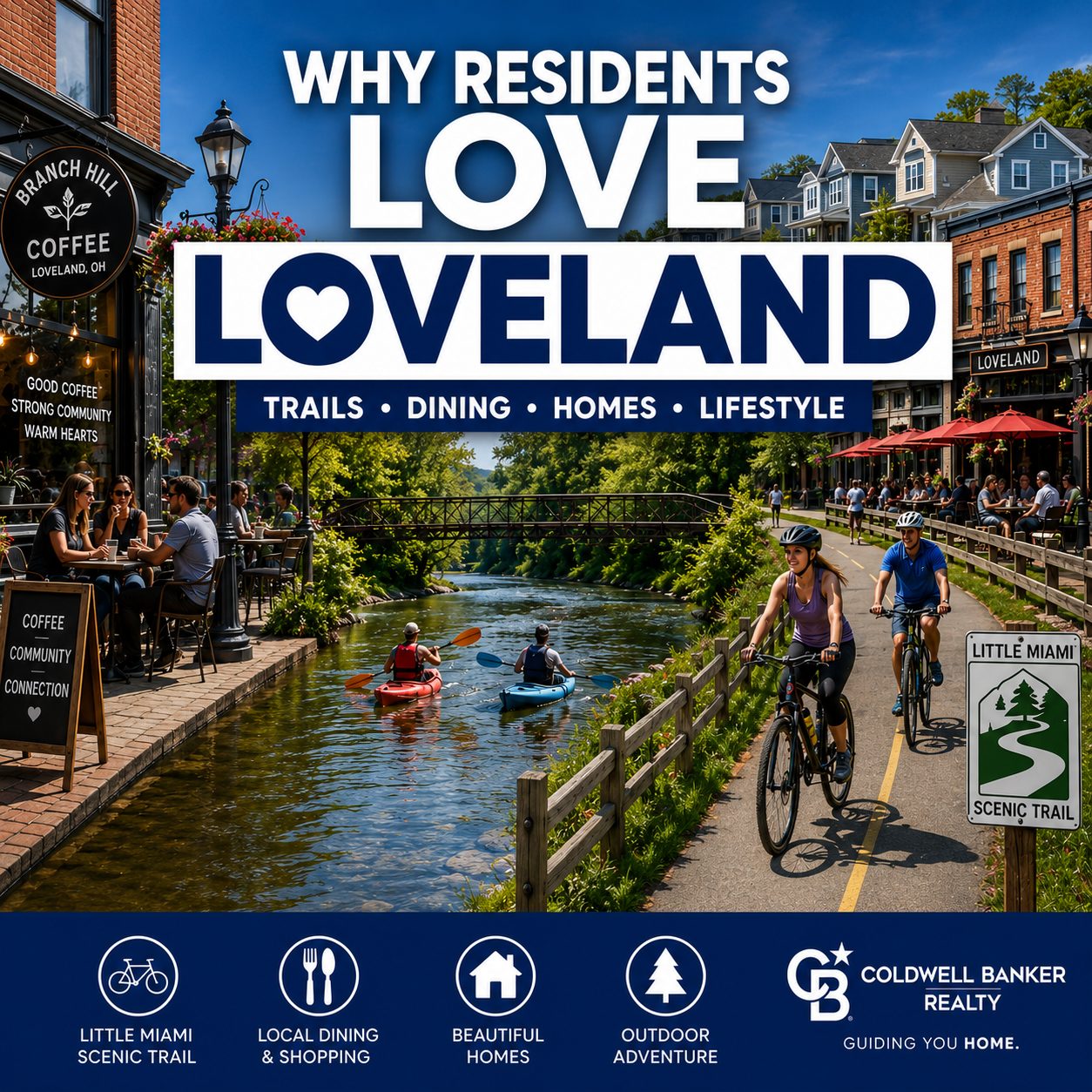 Why Residents Love Loveland featuring downtown Loveland, bike trail, local amenities, homes, Smokey the German Shepherd, and REALTOR® Mike McEntush.