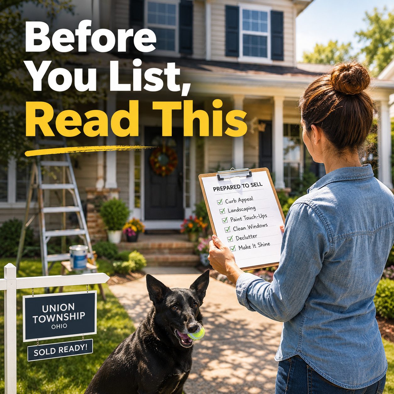 Homeowner preparing home for sale in Union Township Ohio with curb appeal improvements and Smokey the dog.