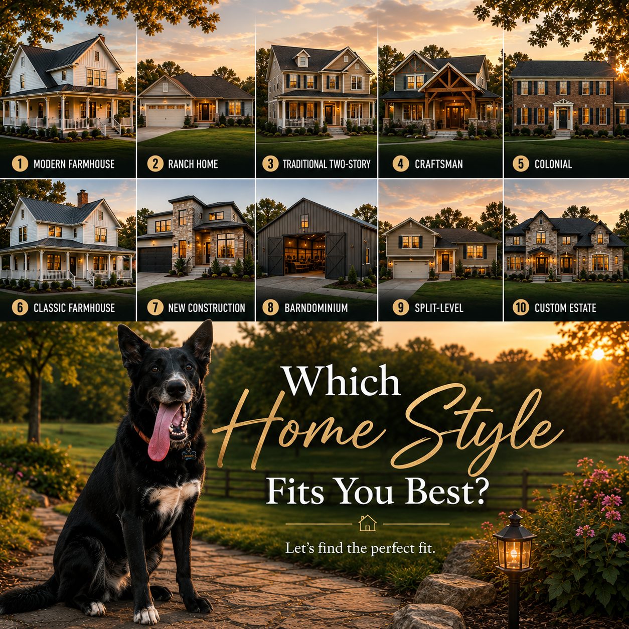 Popular home styles in Goshen Ohio including ranch homes, farmhouses, custom homes, and traditional houses with Smokey the dog featured in foreground.