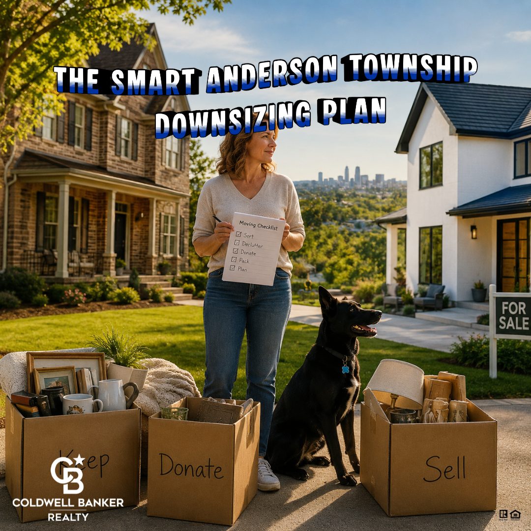 Homeowner in Anderson Township comparing a larger home to a smaller property while planning a downsizing move with a dog nearby.