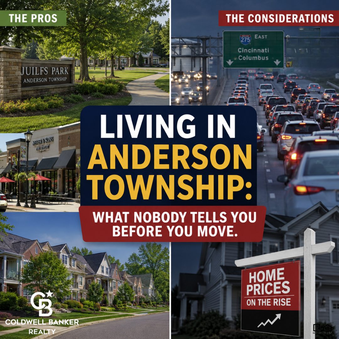 Split-screen image showing advantages and challenges of living in Anderson Township Ohio including parks, homes, traffic, and local amenities.