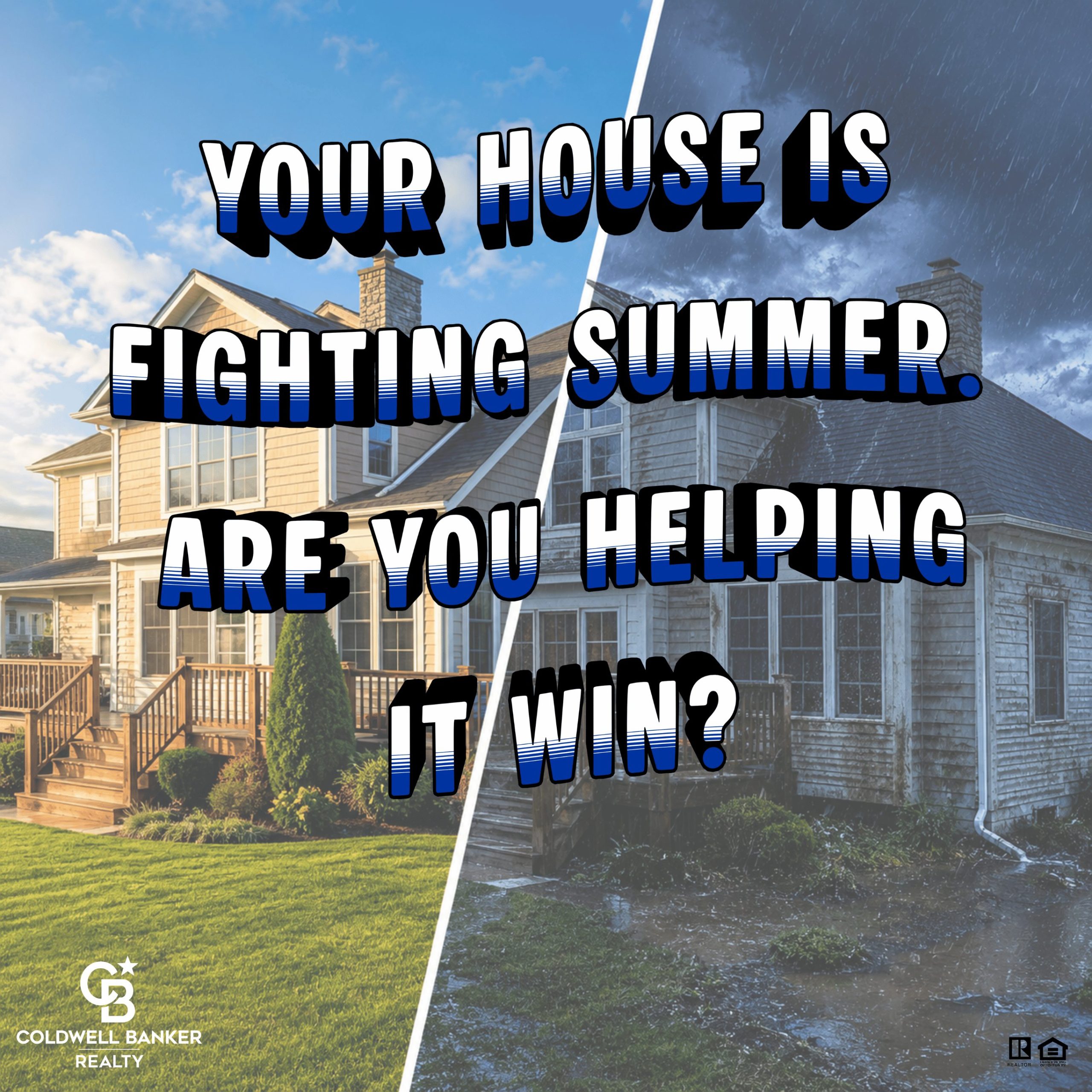 Cincinnati home protected from Ohio summer damage shown beside a storm-worn home, illustrating summer home maintenance.