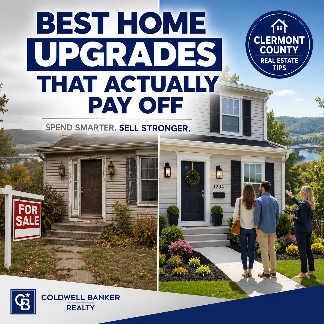 Before-and-after illustration showing the best ROI home improvements that increase home value in Clermont County, Ohio.