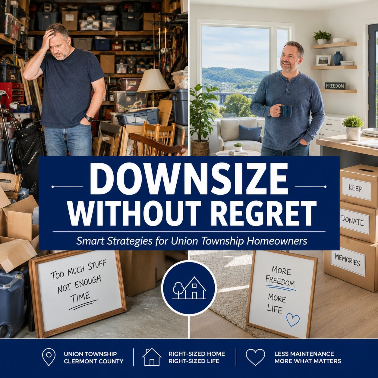 Union Township homeowner transitioning from a cluttered larger home to a clean, organized smaller home while planning a successful downsizing move.