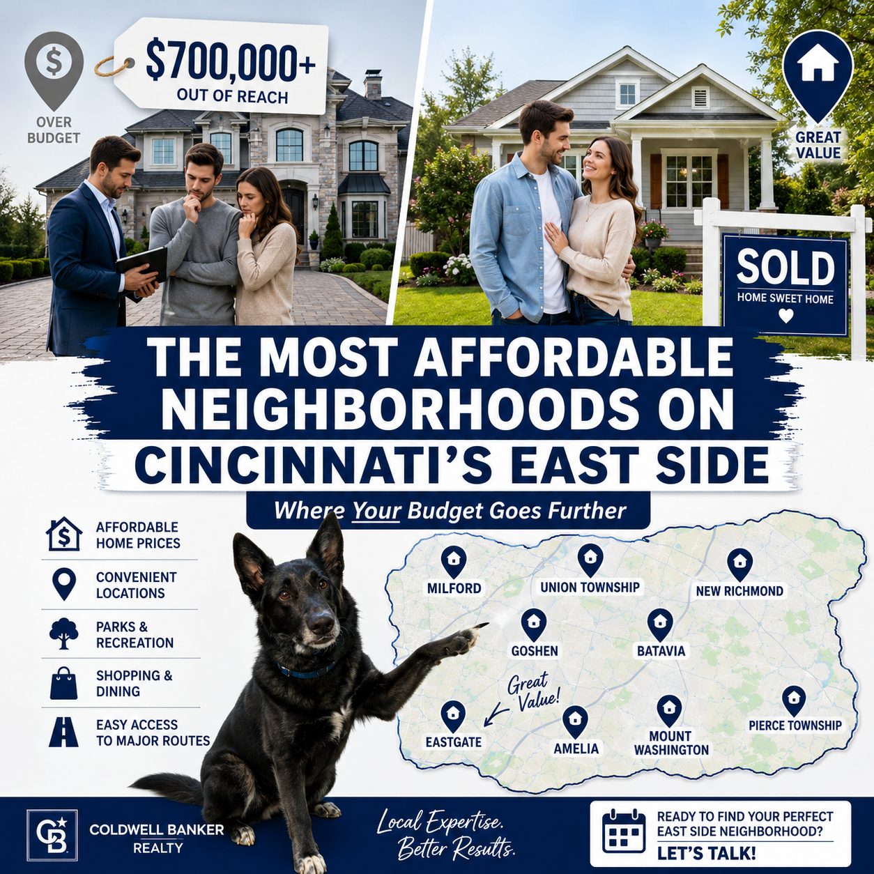 Map-style graphic highlighting affordable neighborhoods on Cincinnati's East Side with happy homebuyers, local community markers, and REALTOR® branding.