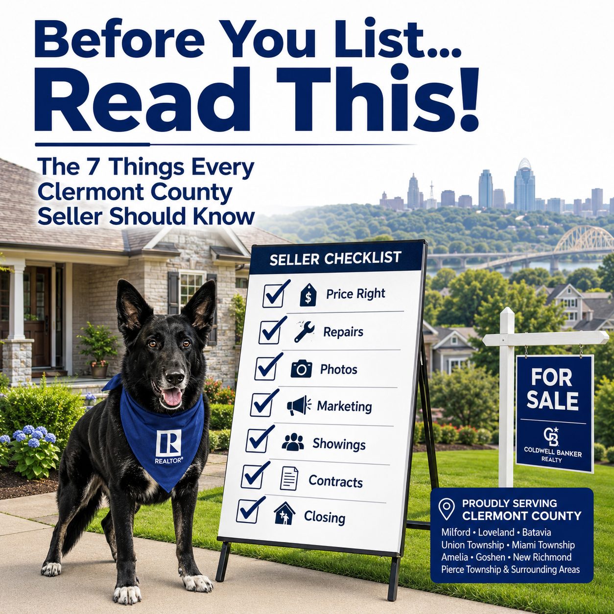 Smokey the German Shepherd reviews a home selling checklist beside a Clermont County home before it goes on the market.