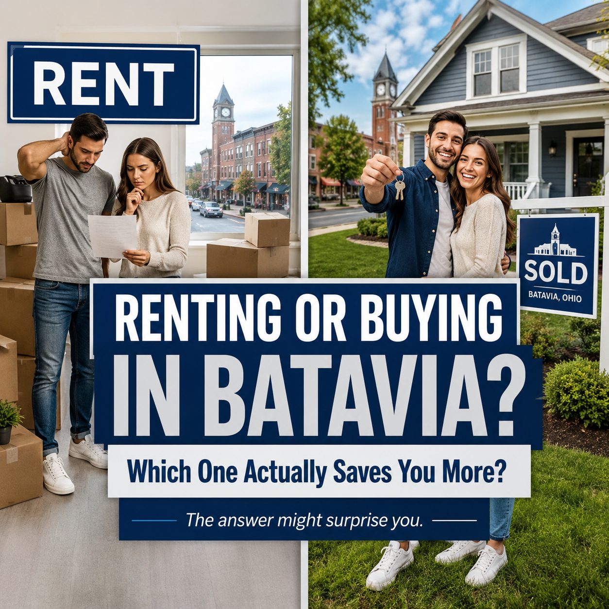Split graphic comparing renting and buying a home in Batavia, Ohio with renters on one side and new homeowners on the other asking which option saves more money.