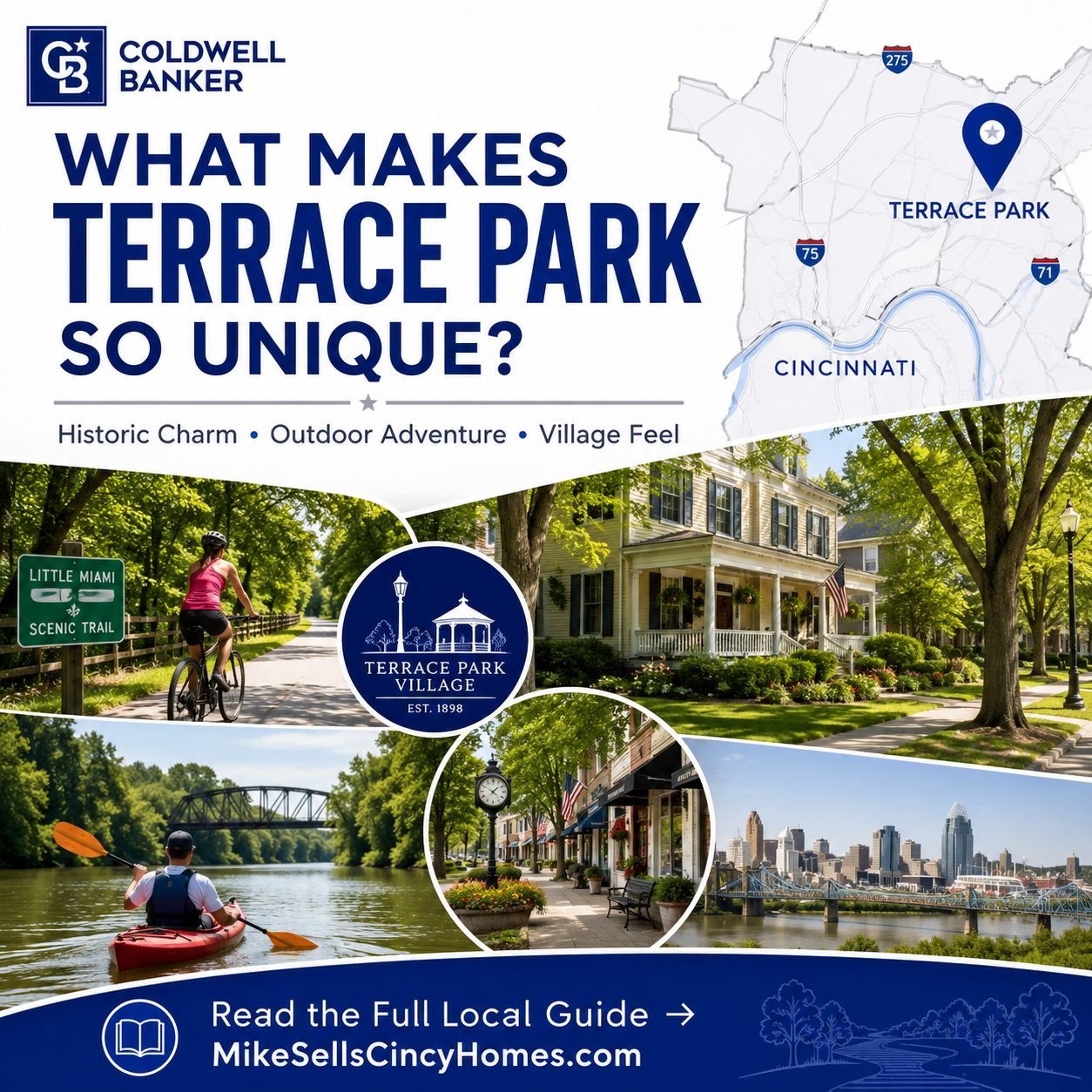 Cyclists and kayakers enjoying outdoor recreation near historic homes in Terrace Park, Ohio, highlighting the community's unique lifestyle and convenient location near Cincinnati.