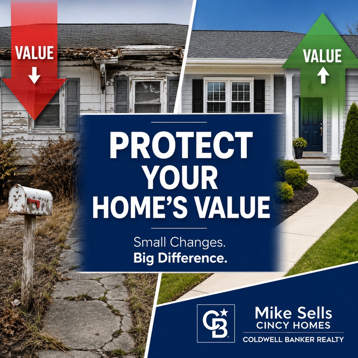 Home shown before and after routine maintenance illustrating simple ways homeowners can protect their home's value through upkeep and curb appeal improvements.