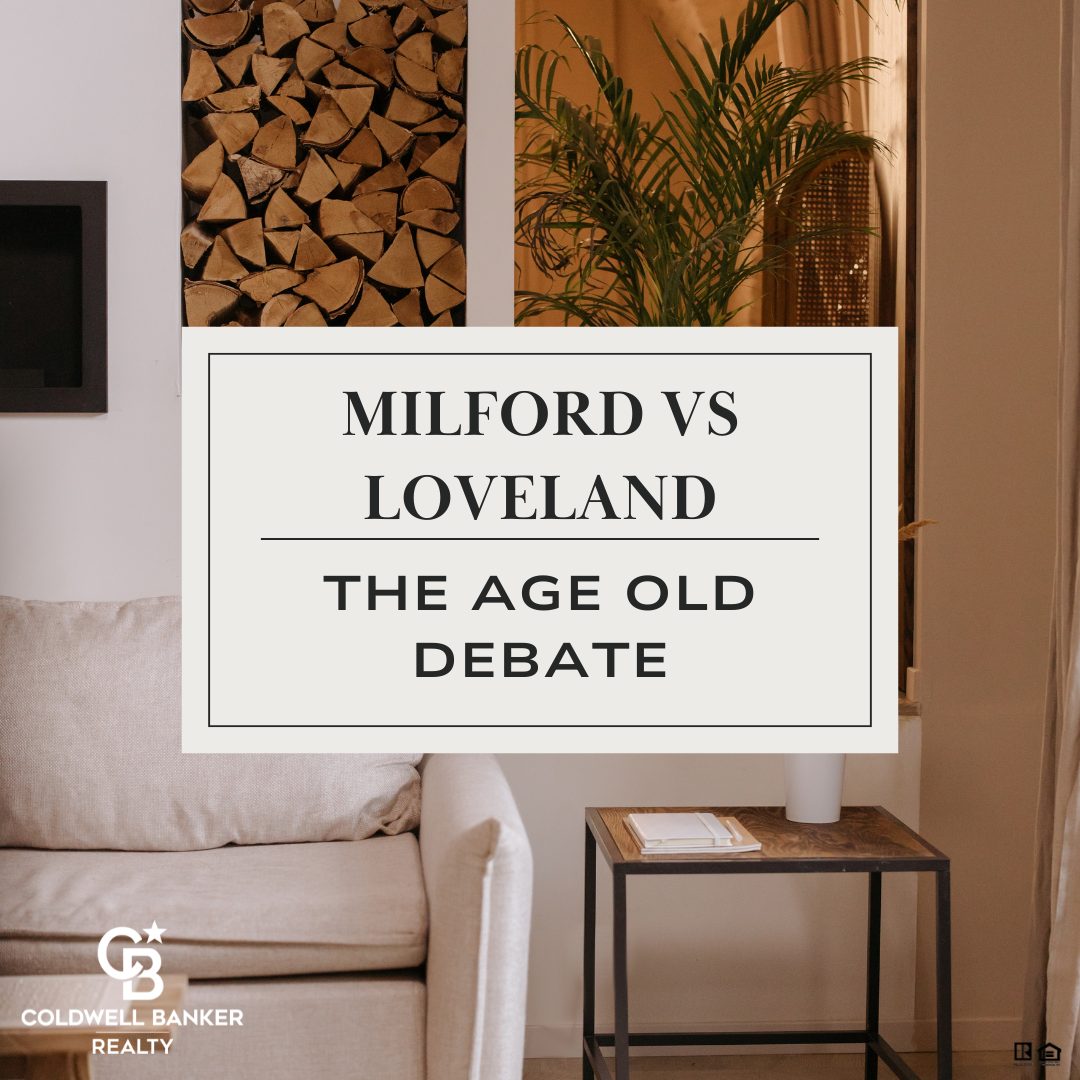A home buyer comparing Loveland and Milford, Ohio, with downtown scenes, parks, trails, and local businesses while deciding where to purchase a home.